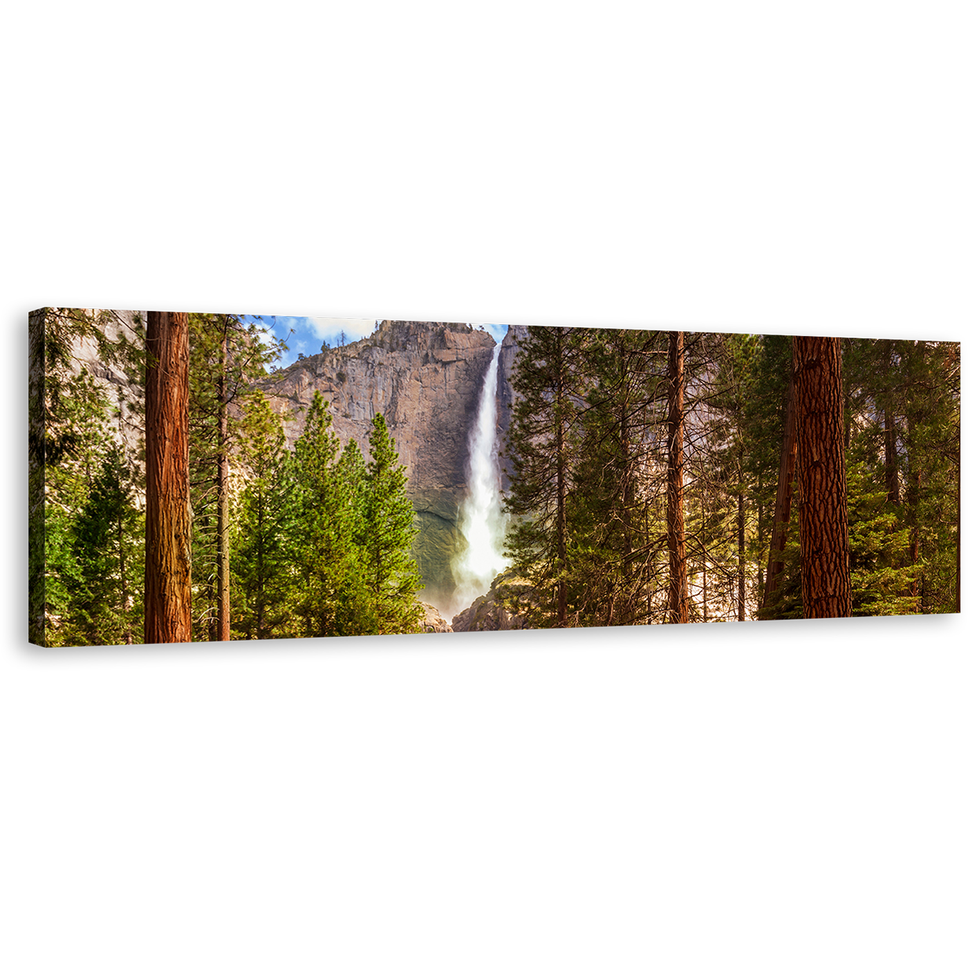 Yosemite Falls Canvas Wall Art, California Green Forest Waterfall Wide Canvas, Brown Mountain Waterfall Scenery Panoramic Canvas Print