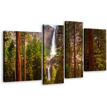 Load image into Gallery viewer, Yosemite Waterfalls Canvas Print, Green Forest Waterfall Multi Canvas, California Brown Mountain 4 Piece Canvas Wall Art
