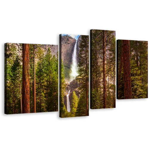 Yosemite Waterfalls Canvas Print, Green Forest Waterfall Multi Canvas, California Brown Mountain 4 Piece Canvas Wall Art