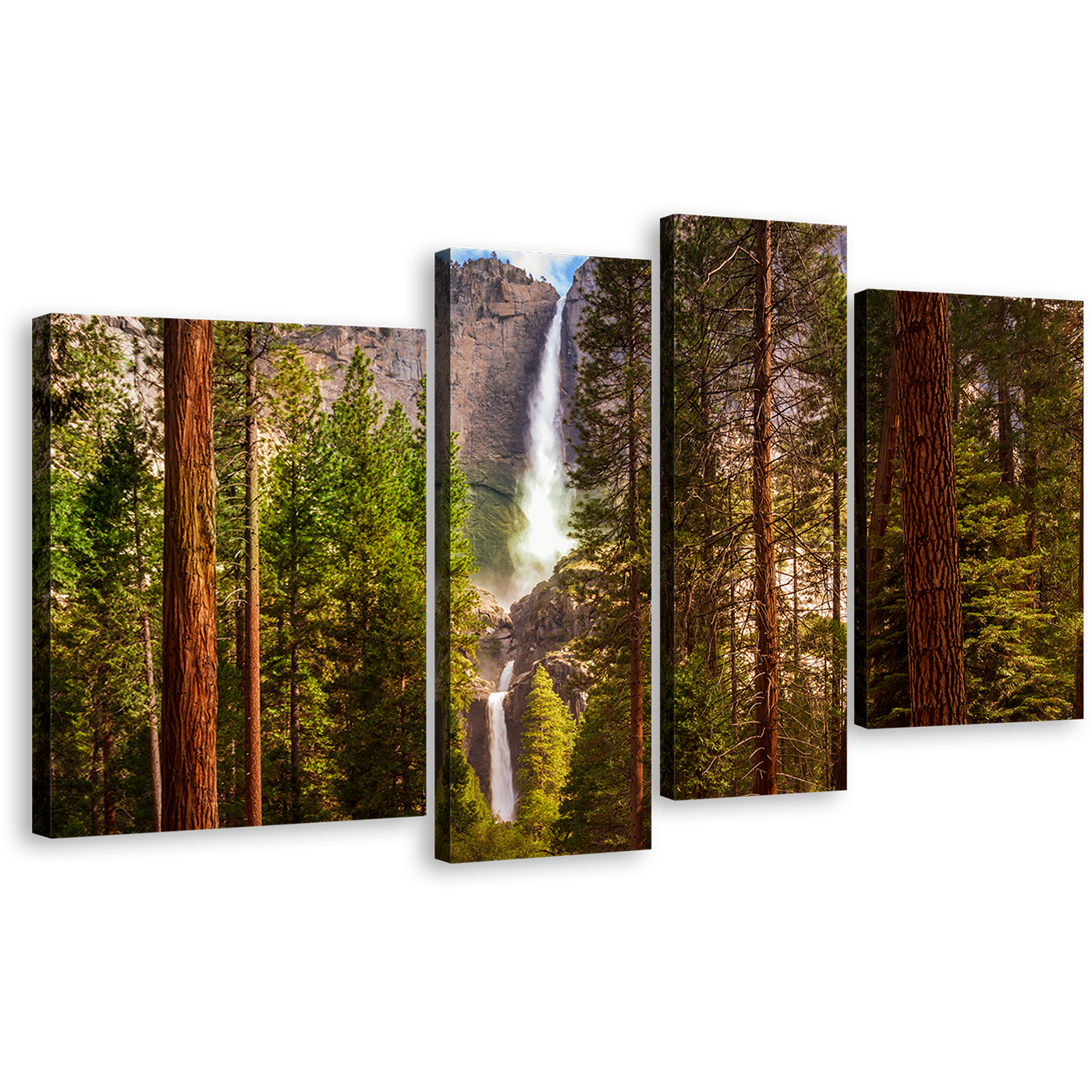 Yosemite Waterfalls Canvas Print, Green Forest Waterfall Multi Canvas, California Brown Mountain 4 Piece Canvas Wall Art