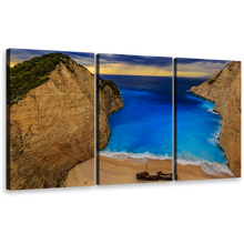 Load image into Gallery viewer, Zakynthos Island Canvas Print, Grecian Coastal Dream Blue Ocean Beach 3 Piece Wall Art, Navagio Beach Mountains Multiple Canvas
