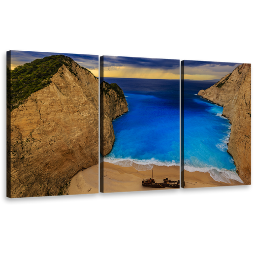 Zakynthos Island Canvas Print, Grecian Coastal Dream Blue Ocean Beach 3 Piece Wall Art, Navagio Beach Mountains Multiple Canvas