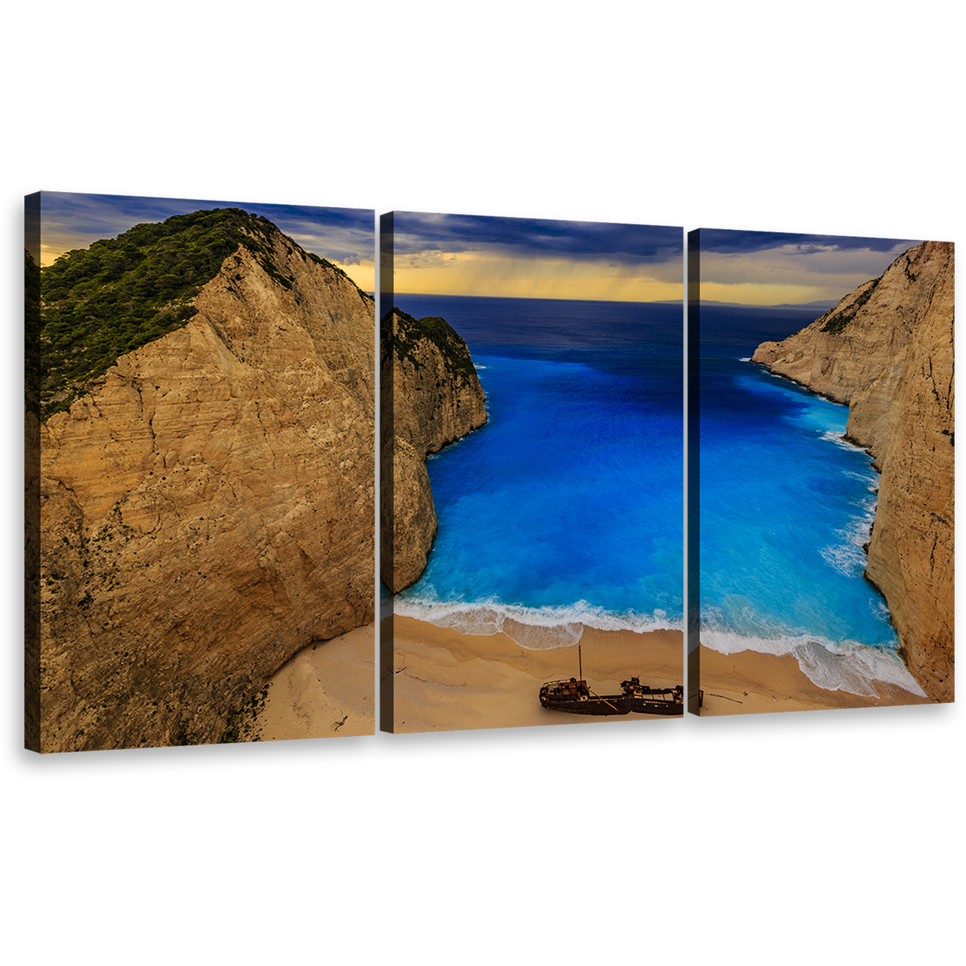 Zakynthos Island Canvas Print, Grecian Coastal Dream Blue Ocean Beach 3 Piece Wall Art, Navagio Beach Mountains Multiple Canvas