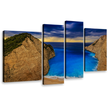 Load image into Gallery viewer, Zakynthos Wonder Wall Art, Brown Mountains and Blue Cloudy Sky 4 Piece Canvas Print, Navagio Beach Ocean Multi Canvas
