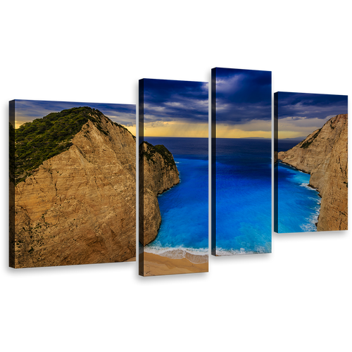 Zakynthos Wonder Wall Art, Brown Mountains and Blue Cloudy Sky 4 Piece Canvas Print, Navagio Beach Ocean Multi Canvas