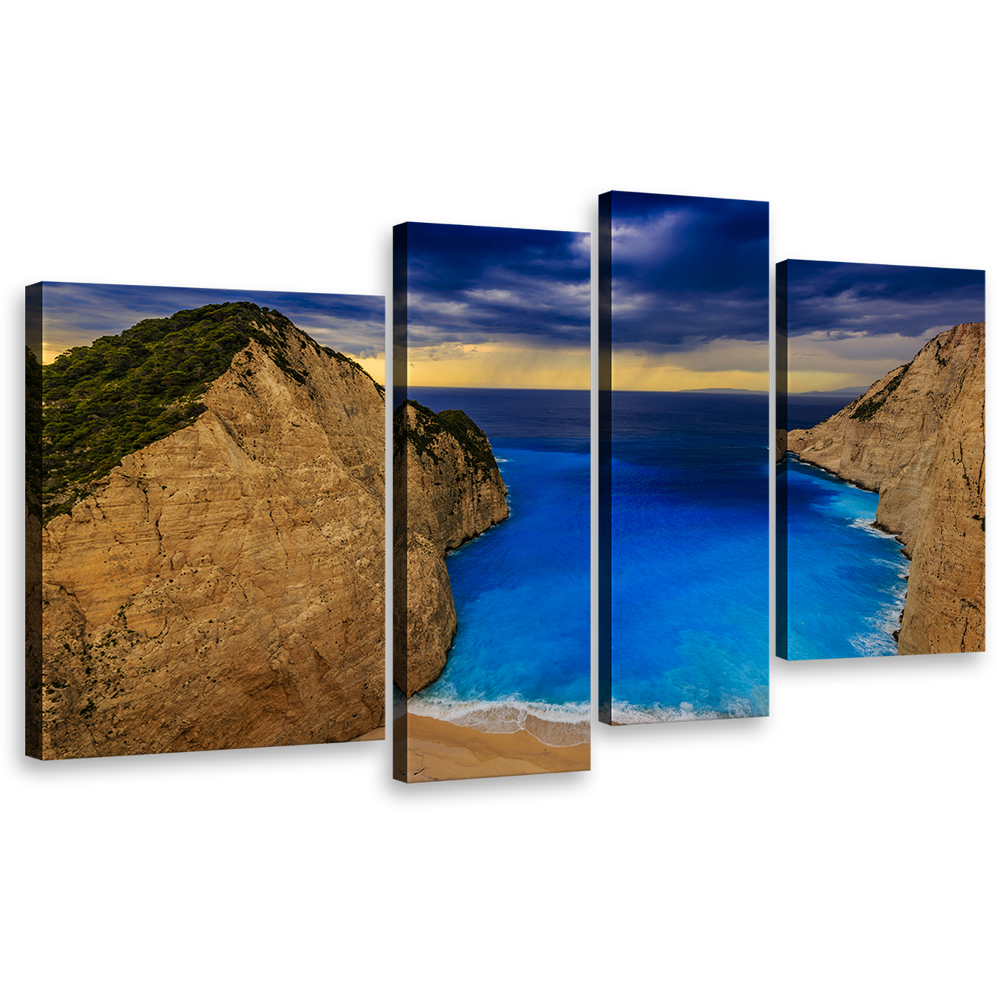 Zakynthos Wonder Wall Art, Brown Mountains and Blue Cloudy Sky 4 Piece Canvas Print, Navagio Beach Ocean Multi Canvas