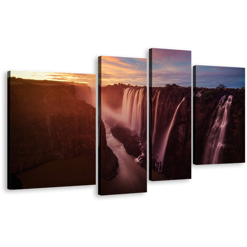 Zambezi River Canvas Print, Yellow Sunset Victoria Falls 4 Piece Canvas Wall Art, Zimbabwe Orange Zambezi River Nature Multi Canvas Artwork