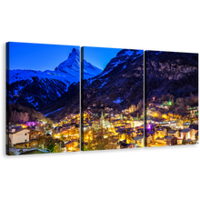 Load image into Gallery viewer, Zermatt Landscape Canvas Wall Art, Yellow Town Lights Mountain 3 Piece Canvas Set, Switzerland Blue Mountain Landscape Canvas Print
