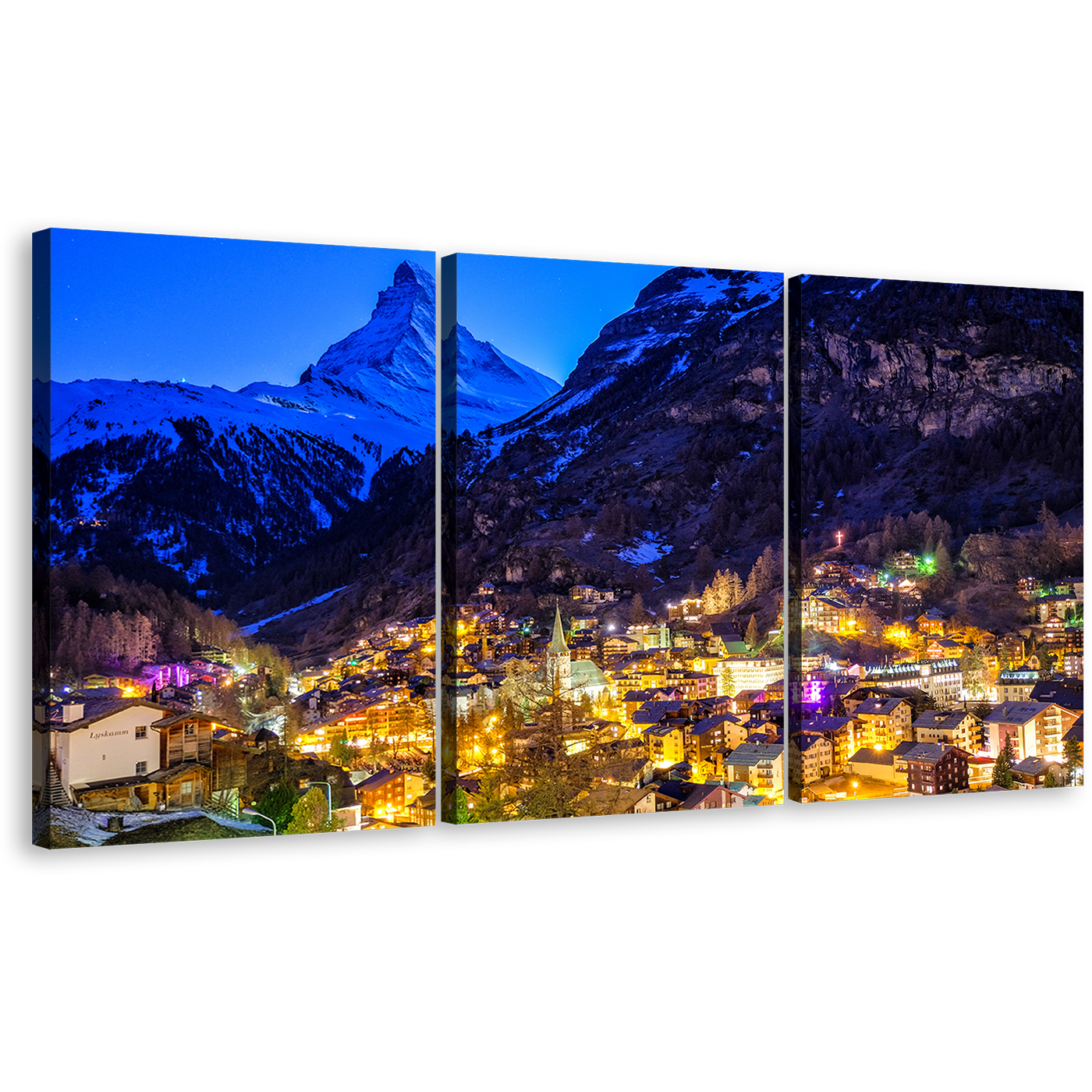 Zermatt Landscape Canvas Wall Art, Yellow Town Lights Mountain 3 Piece Canvas Set, Switzerland Blue Mountain Landscape Canvas Print