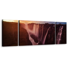 Load image into Gallery viewer, Zimbabwe Waterfall Canvas Wall Art, Orange Zambezi River Waterfall Nature 3 Piece Canvas Set, Yellow Sunset Sky Victoria Falls Canvas Print
