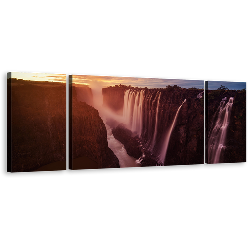 Zimbabwe Waterfall Canvas Wall Art, Orange Zambezi River Waterfall Nature 3 Piece Canvas Set, Yellow Sunset Sky Victoria Falls Canvas Print