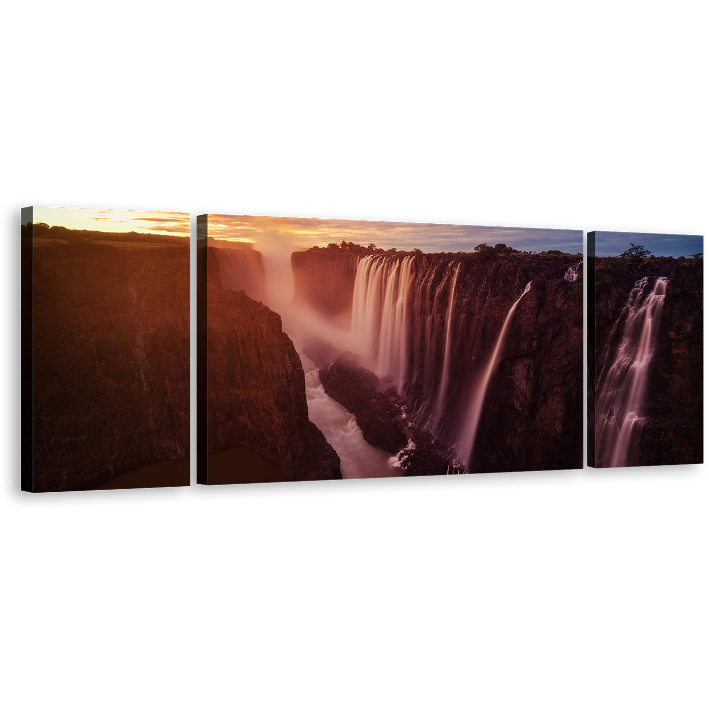 Zimbabwe Waterfall Canvas Wall Art, Orange Zambezi River Waterfall Nature 3 Piece Canvas Set, Yellow Sunset Sky Victoria Falls Canvas Print