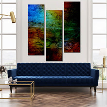 Load image into Gallery viewer, abstract  grunge  canvas  art  multi  colored  textures  stone  cracks  3  piece  dark  red  green  rainbow In Living Room
