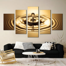 Load image into Gallery viewer, abstract rings canvas print bright gold water droplet 5 piece multi canvas beautiful copper drop splash wall art In Living room
