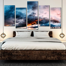 Load image into Gallery viewer, abstract sunset canvas wall art gray clouds at dawn 5 piece canvas print blue orange dramatic sky canvas set for Bedroom
