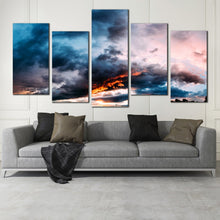 Load image into Gallery viewer, abstract sunset canvas wall art gray clouds at dawn 5 piece canvas print blue orange dramatic sky canvas set for Living Room
