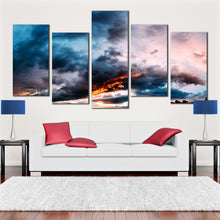 Load image into Gallery viewer, abstract sunset canvas wall art gray clouds at dawn 5 piece canvas print blue orange dramatic sky canvas set In Living Room
