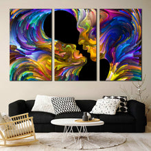 Load image into Gallery viewer,  abstract swirl canvas print colorful couples kiss 3 piece wall art romantic sensual humans triptych for Living Room
