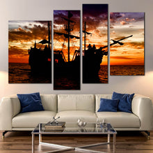 Load image into Gallery viewer, adventure afloat canvas print pirate ship 4 piece canvas set orange sunset dramatic sea wall art for Living Room
