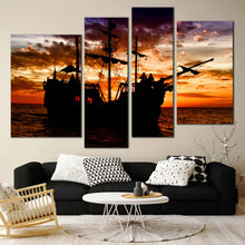 Load image into Gallery viewer, adventure afloat canvas print pirate ship 4 piece canvas set orange sunset dramatic sea wall art In Living Room
