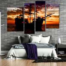 Load image into Gallery viewer, adventure afloat canvas print pirate ship 4 piece canvas set orange sunset dramatic sea wall art for your Bedroom
