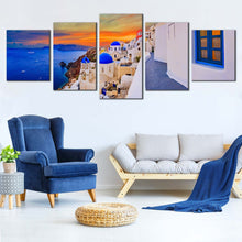 Load image into Gallery viewer, aegean beauty 5 piece canvas print of santorini island dramatic clouds and white houses canvas wall art In Living room
