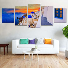 Load image into Gallery viewer, aegean beauty 5 piece canvas print of santorini island dramatic clouds and white houses canvas wall art for Living Room
