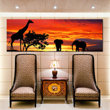 Load image into Gallery viewer, african  silhouette  canvas  print  elephant  giraffe  forest  wildlife  panoramic  canvas  orange  sunset  landscape  wall  art  for living  room
