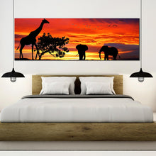 Load image into Gallery viewer, african  silhouette  canvas  print  giraffe  yellow  forest  wildlife  panoramic  canvas  orange  sunset  landscape  wall  art  for  bedroom
