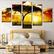 Load image into Gallery viewer, african sunset wall art beautiful yellow brown sky multi canvas african alone tree 5 piece canvas print for Bedroom
