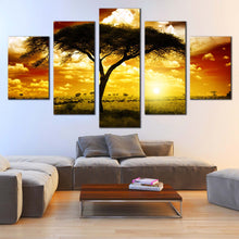 Load image into Gallery viewer, african sunset wall art beautiful yellow brown sky multi canvas african alone tree 5 piece canvas print for Living Room
