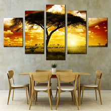 Load image into Gallery viewer, african sunset wall art beautiful yellow brown sky multi canvas african alone tree 5 piece canvas print In Dining Room
