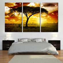 Load image into Gallery viewer, african tree wall art brown sky alone tree 3 piece canvas beautiful yellow sunset canvas print for Bedroom
