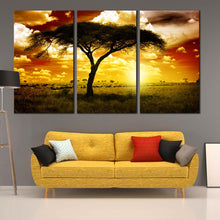 Load image into Gallery viewer, african tree wall art brown sky alone tree 3 piece canvas beautiful yellow sunset canvas print for Living Room
