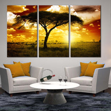 Load image into Gallery viewer, african tree wall art brown sky alone tree 3 piece canvas beautiful yellow sunset canvas print In Living Room
