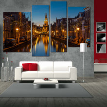 Load image into Gallery viewer, alkmaar river canvas 4 piece canvas wall art evening blue sky netherlands cityscape canvas print In Living Room
