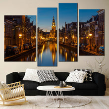 Load image into Gallery viewer, alkmaar river canvas 4 piece canvas wall art evening blue sky netherlands cityscape canvas print for Living Room
