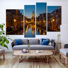 Load image into Gallery viewer, alkmaar river canvas 4 piece canvas wall art evening blue sky netherlands cityscape canvas print for Your Living Room
