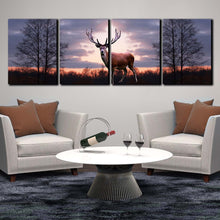 Load image into Gallery viewer, animal land canvas print fallow deer orange sunset 4 piece multi canvas grey sky forest wildlife wall art for living room
