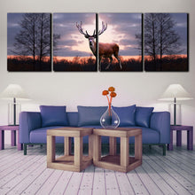 Load image into Gallery viewer, animal land canvas print fallow deer orange sunset 4 piece multi canvas grey sky forest wildlife wall art In Living Room
