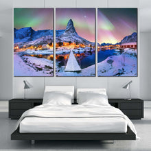 Load image into Gallery viewer, archipelago mountain   northern lights 3 piece canvas printaurora borealis   lofoten snow wall art for Bedroom
