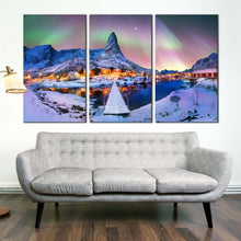 Load image into Gallery viewer, archipelago mountain   northern lights 3 piece canvas printaurora borealis   lofoten snow wall art In Living Room
