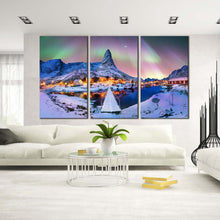 Load image into Gallery viewer, archipelago mountain   northern lights 3 piece canvas printaurora borealis   lofoten snow wall art for Living room
