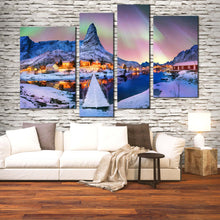 Load image into Gallery viewer, aurora borealis   lofoten island 4 piece canvas wall artblue snowy mountains   northern lights canvas print for your Living Room
