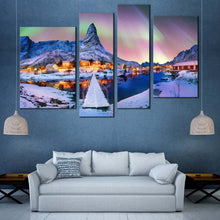 Load image into Gallery viewer, aurora borealis   lofoten island 4 piece canvas wall artblue snowy mountains   northern lights canvas print In Living Room
