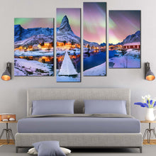 Load image into Gallery viewer, aurora borealis   lofoten island 4 piece canvas wall artblue snowy mountains   northern lights canvas print for your Bedroom
