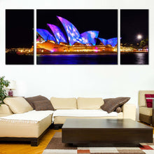 Load image into Gallery viewer, australia  dream  wall  art  blue  sydney  opera  house  canvas  print  australia  illuminated  sky  3  piece  multi  canvas  artwork In Living Room
