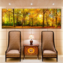 Load image into Gallery viewer, autumn  serenity  canvas  yellow  sunlit  forest  with  orange  fields  canvas  scenic  in  a  single  panel  wall  art In Living Room
