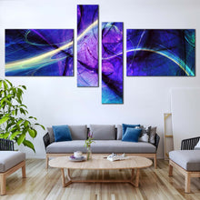 Load image into Gallery viewer, beautiful abstract wall art contemporary blue purple fractal 4 piece multi canvas yellow green light streak canvas print In Living Room
