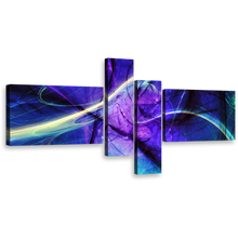 Load image into Gallery viewer, beautiful abstract wall art contemporary blue purple fractal 4 piece multi canvas yellow green light streak canvas print
